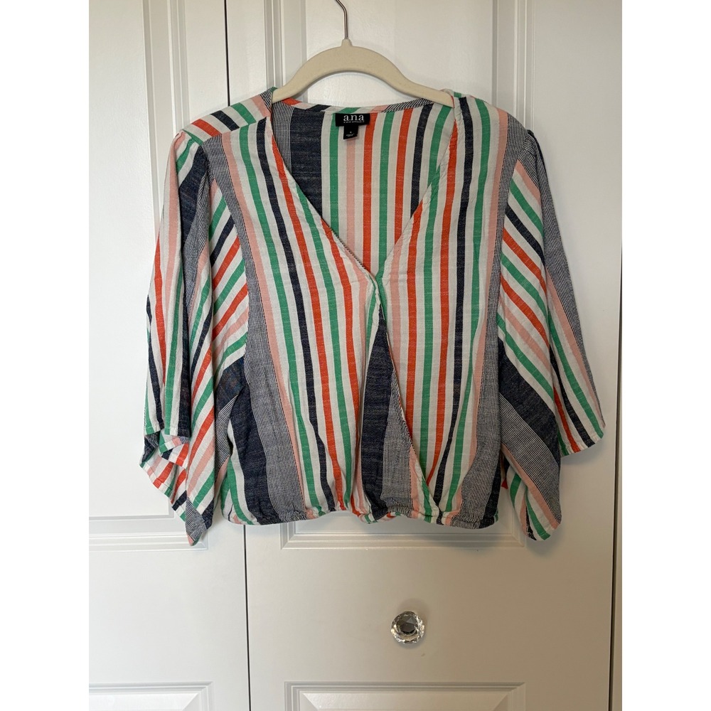 a.n.a Striped Surplice V-Neck Elastic Hem Top Small Orange Green Navy White